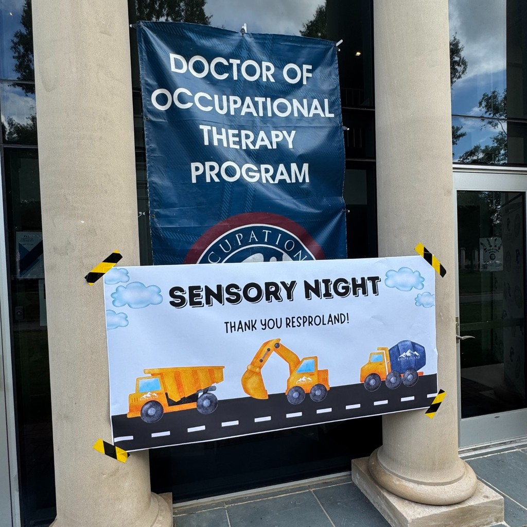 Sensory Night welcome banner thanking Resproland for sponsoring the construction-themed event.